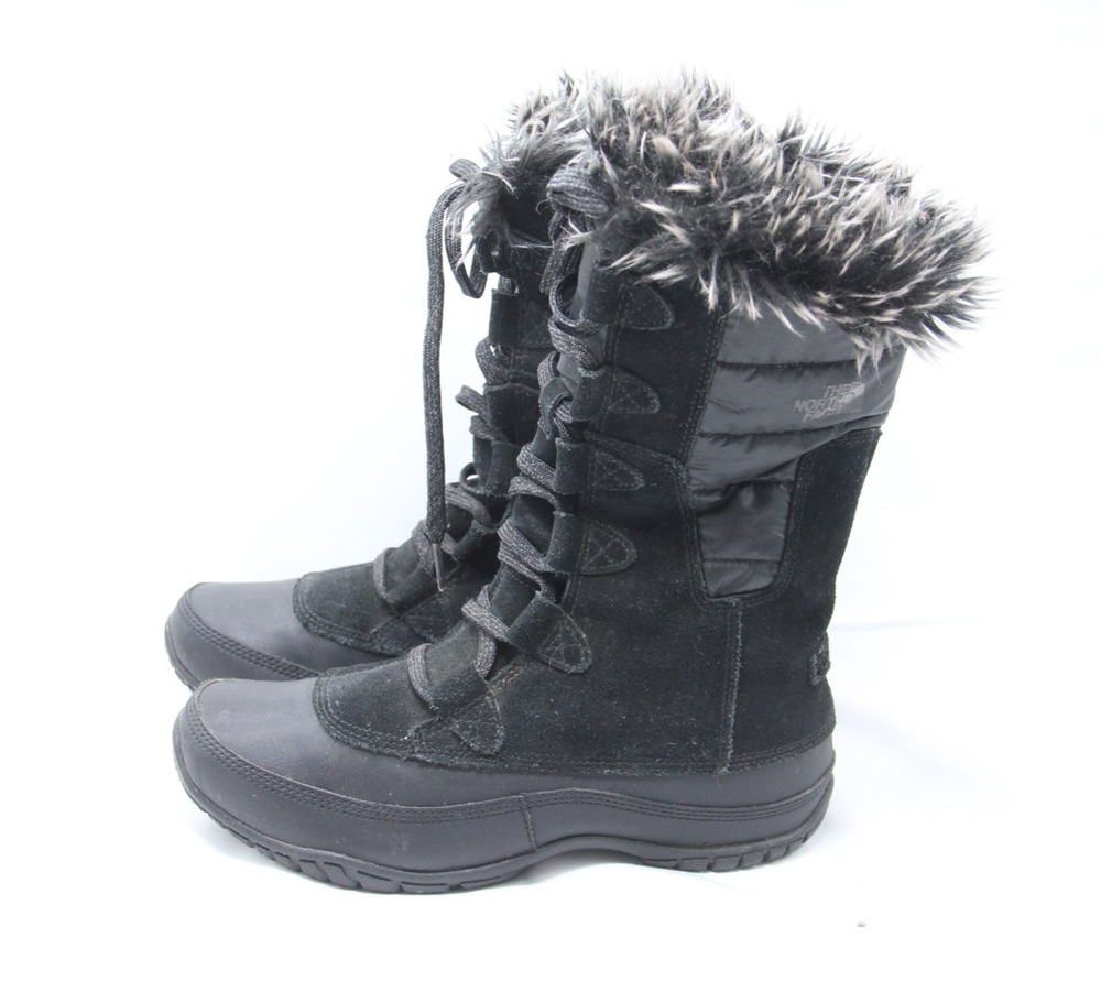 North Face Black Snow Boots Womens Size 7 Black Mid Calf Suede Faux Fur Lace Up